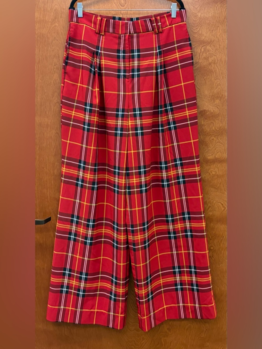New York & Co. 7th Avenue Red Tartan Pleated Trousers Wide Leg High Rise Size 12